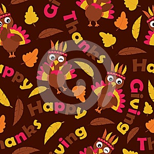 Cute turkeys and maple leaves on brown background vector cartoon suitable for thanksgiving wallpaper
