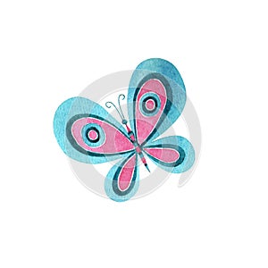 Cute turquoise butterfly on a white background. Watercolor illustration.