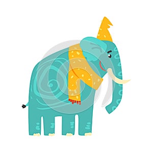Cute turquoise cartoon elephant in a yellow hat and scarf. Jungle animal colorful character vector Illustration