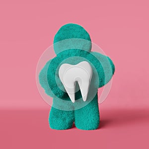 Cute turquoise furry Yeti white healthy tooth 3D rendering Faceless fluffy bigfoot. Creative dental clinic advertisiment photo
