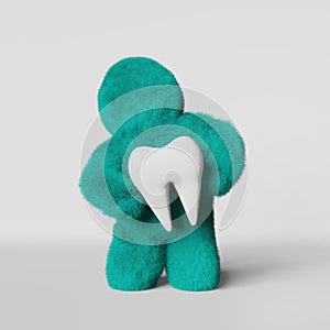Cute turquoise furry Yeti white healthy tooth 3D rendering Faceless fluffy bigfoot. Creative dental clinic advertisiment photo
