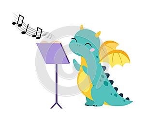 Cute Turquoise Little Dragon with Wings Singing Song Vector Illustration