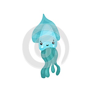 Cute turquoise octopus cartoon character, funny underwater animal vector Illustration