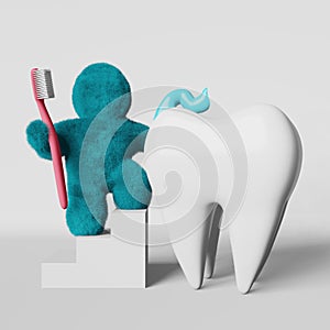 Cute turquoise Yeti brushing white tooth toothpaste 3D rendering Enamel whitening Tartar Plaque removal Caries Bacteria photo