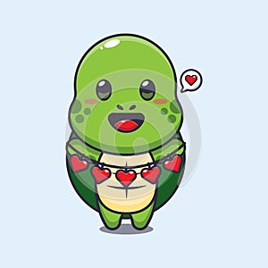 Cute turtle cartoon character holding love decoration.