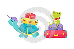 Cute Turtle and Frog Traveler with Luggage and Suitcase Having Journey on Vacation Vector Set