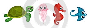 Cute Turtle, Jellyfish, Seahorse and Ray Fish as Sea Animal Floating Underwater Vector Set
