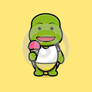 Cute turtle mascot character holding ice cream cartoon vector icon illustration