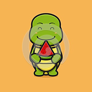 Cute turtle mascot character holding watermelon cartoon vector icon illustration
