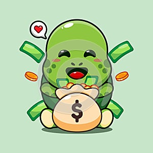 cute turtle with money bag cartoon vector illustration.