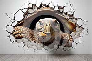 Cute turtle peeking out of a hole in wall for mockup. Generative AI