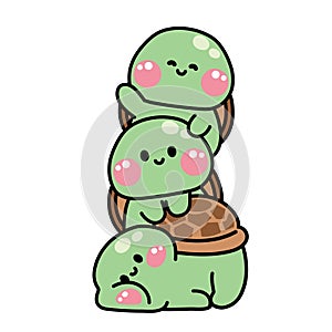 Cute turtle stay on top each other greeting.Marine animal character cartoon design
