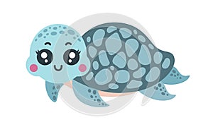 Cute turtle vector illustration. Funny underwater animal swims and smiles. Colorful ocean pet with shell. Happy aquarium reptile,