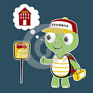 Cartoon of cute turtle waiting for school bus