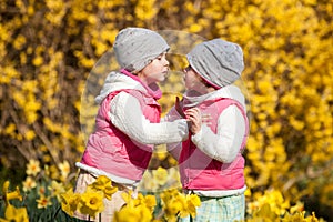 Cute twin sisters, embrace and kissing on a background field with yellow flowers, happy cute and beautiful sisters having fun with