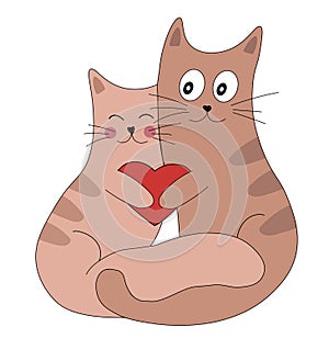 Cute two cats in love with a heart in their paws. Romantic Valentines Day vector illustration for greeting card or poster.