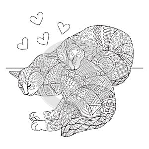 Cute two cats sleeping for cards, t shirt design, adult coloring book, coloring page and print on other things. Vector illustratio