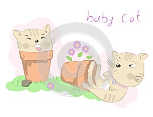 Cute two little cats cartoon misbehave with flower pot. Hand drawn style photo