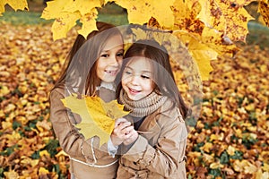 Cute two little friends hugging in autumn park