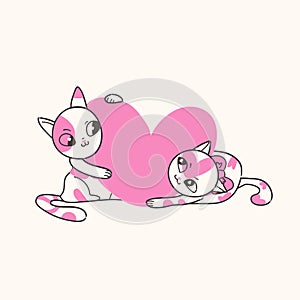 Cute two outline cat with big pink hearts. Happy valentines day vector line art illustration isolated on beige background. Lovely