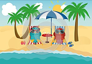 Cute two owls with sunglasses on vacation lying down on the beach