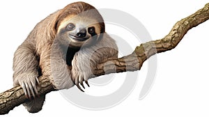 Cute two-toed sloth hanging on tree branch isolated on white background. generative ai