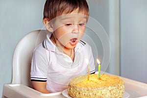 A cute two year old child opened his mouth to put out the candles on the birthday cake. Charming boy celebrates his birthday.