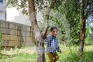 Cute two years old boy hiding behind the tree in the park