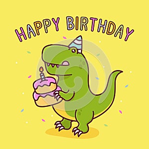 cute tyrannosaur with birthday cake illustration character