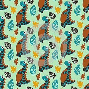 Cute tyrannosauruses and tropical leaves pattern vector