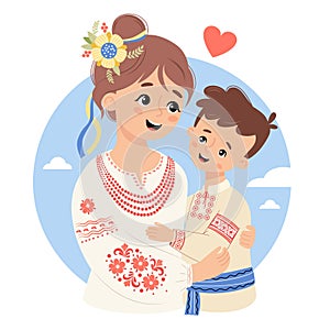 Cute Ukrainian woman mother in traditional clothes embroidered shirt tenderly hugs his son. Vector illustration. Festive