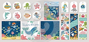 Cute under the sea cards set with seaweeds, fish, divers, submarine. Vector cartoon ocean life square, round, vertical print