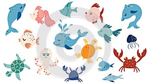 Cute underwater animals. Fish, sea turtle, octopus, crayfish, crab, dolphin, jellyfish.