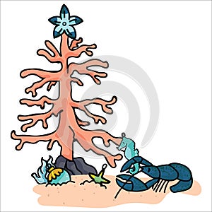 Cute underwater christmas tree decorating lobster cartoon  illustration motif set. Hand drawn isolated seahorse xmas