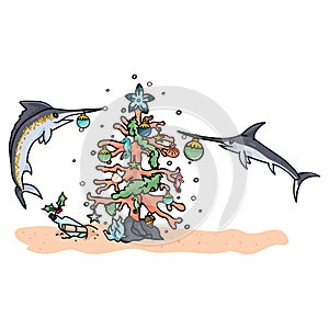 Cute underwater christmas tree with swordfish cartoon vector illustration motif set. Hand drawn isolated seahorse xmas