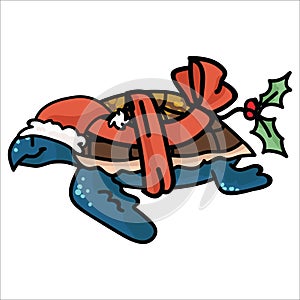 Cute underwater christmas turtle cartoon vector illustration motif set. Hand drawn isolated wrapped gift and holly