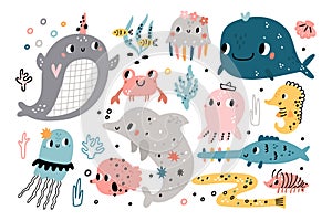 Cute underwater life. Funny inhabitants seaworld, ocean fauna characters, kids cartoon undersea animals and fishes