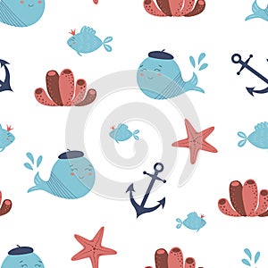 Cute underwater seamless pattern Sea animals whale, fish, anchor coral. Cute nautical background vector