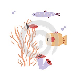Cute underwater world with sea fish and seaweed in cartoon style