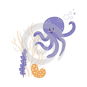 Cute underwater world with sea octopus and seaweed in cartoon style