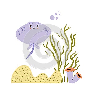 Cute underwater world with sea stingray and seaweed in cartoon style