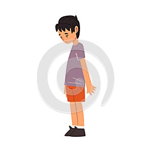 Cute Unhappy Boy, Sad Child in Shorts and Tshirt Vector Illustration