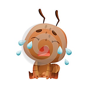 Cute unhappy brown little ant sitting and crying. Funny insect cartoon character vector illustration