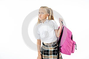 Cute unhappy schoolgirl with backpack feeling angry and frustrated