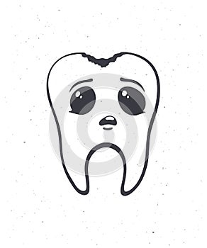 Cute unhealthy human tooth with sad eyes and caries. Outline. Vector illustration. Dental decay. Symbol of somatology