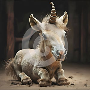 cute Unicorn baby against forest background. Digital artwork. Ai generated