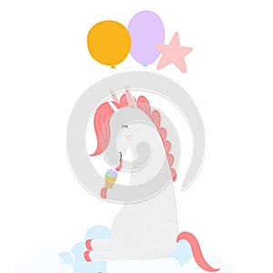 Cute Unicorn with balloons eating ice cream cone