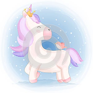 Cute unicorn and bird hand drawn animal illustration watercolor