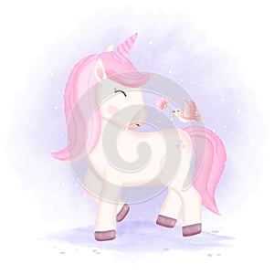 Cute Unicorn and bird hand drawn cartoon watercolor illustration