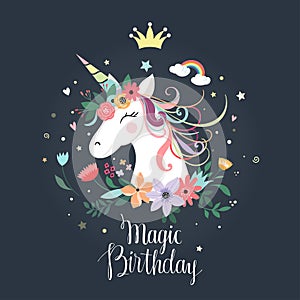 Cute unicorn birthday card, invitation, vector design